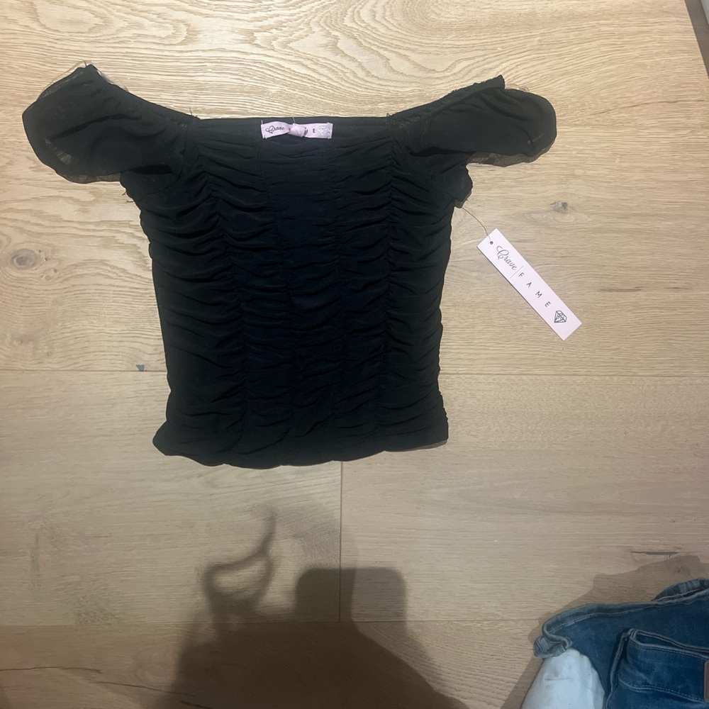 Fame and Partners Black Ruched Off-Shoulder Blouse